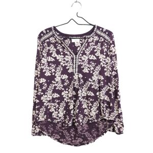 Lucky Brand Women Purple Floral Print Top Shirt Tee Embroidered Long Sleeve M